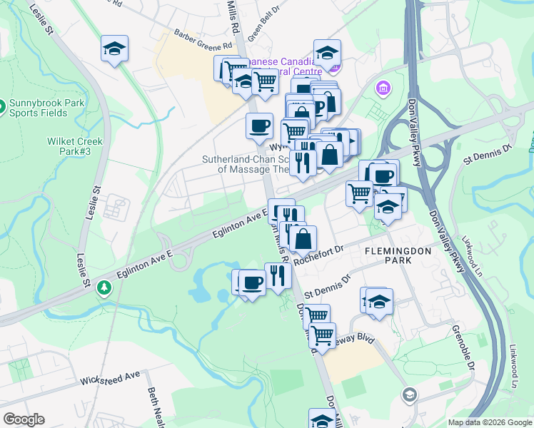 map of restaurants, bars, coffee shops, grocery stores, and more near 1185 Eglinton Avenue East in Toronto