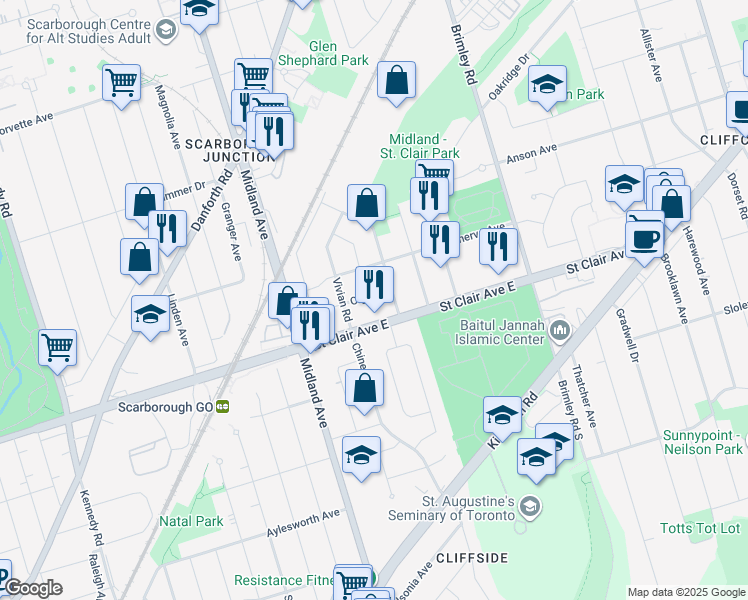map of restaurants, bars, coffee shops, grocery stores, and more near 79 Olga Street in Toronto
