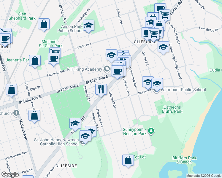 map of restaurants, bars, coffee shops, grocery stores, and more near 2799 Kingston Road in Toronto