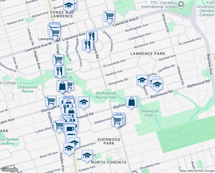 map of restaurants, bars, coffee shops, grocery stores, and more near in Toronto