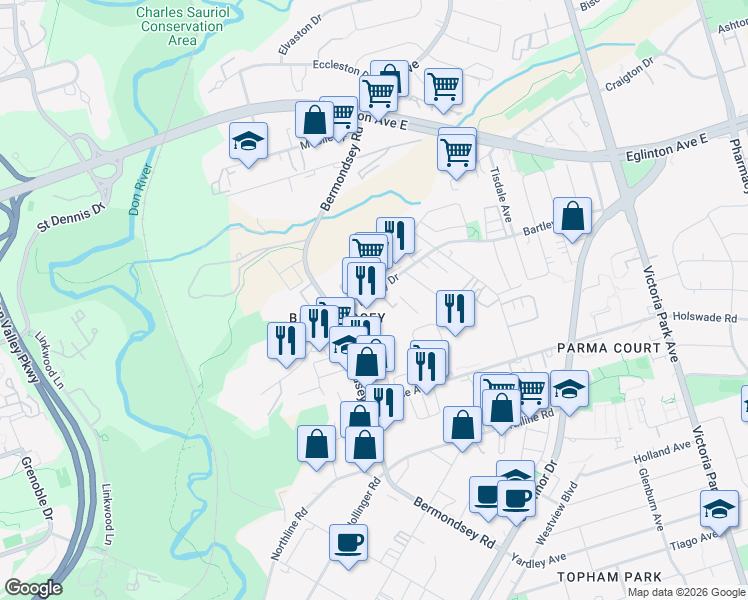 map of restaurants, bars, coffee shops, grocery stores, and more near 186 Bartley Drive in Toronto