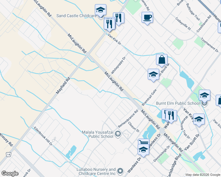 map of restaurants, bars, coffee shops, grocery stores, and more near 73 Dolobram Trail in Brampton