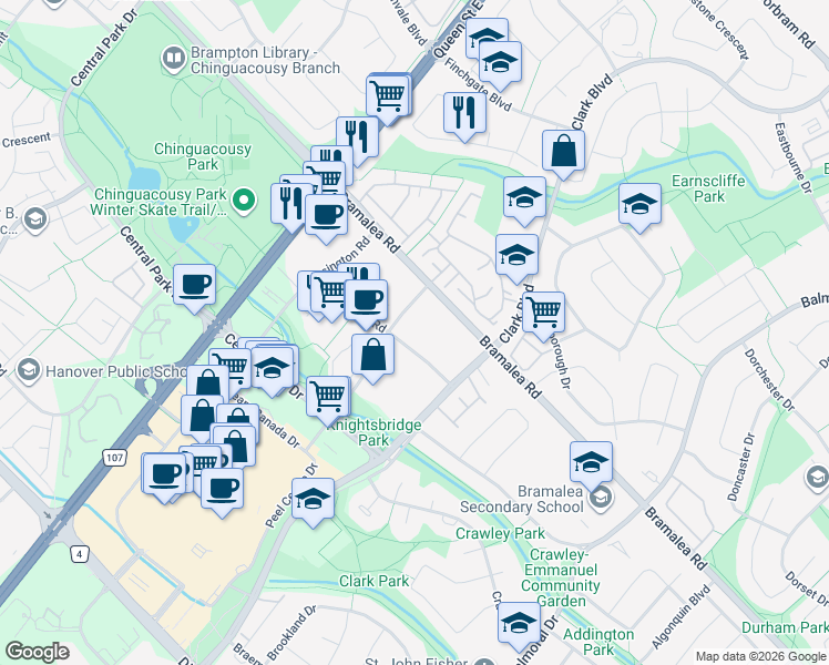 map of restaurants, bars, coffee shops, grocery stores, and more near in Brampton
