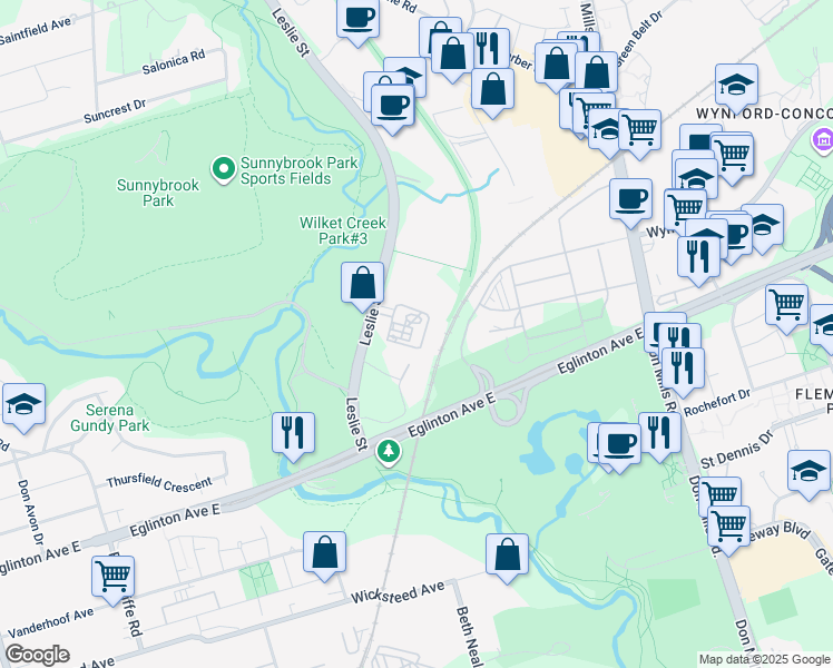 map of restaurants, bars, coffee shops, grocery stores, and more near 1103 Leslie Street in Toronto