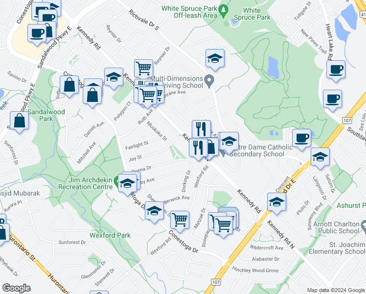 map of restaurants, bars, coffee shops, grocery stores, and more near 10260 Kennedy Road North in Brampton