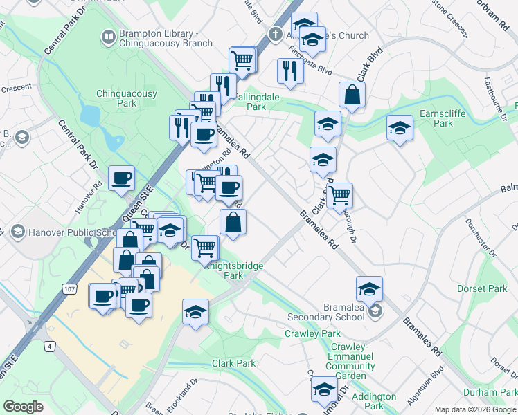 map of restaurants, bars, coffee shops, grocery stores, and more near 17 Knightsbridge Road in Brampton