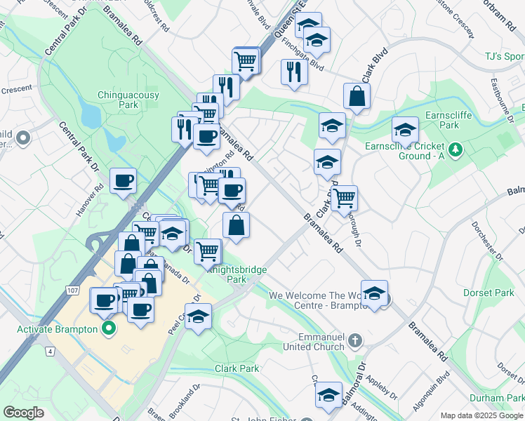 map of restaurants, bars, coffee shops, grocery stores, and more near 17 Knightsbridge Road in Brampton