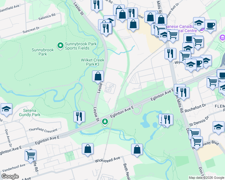 map of restaurants, bars, coffee shops, grocery stores, and more near 1105 Leslie Street in Toronto