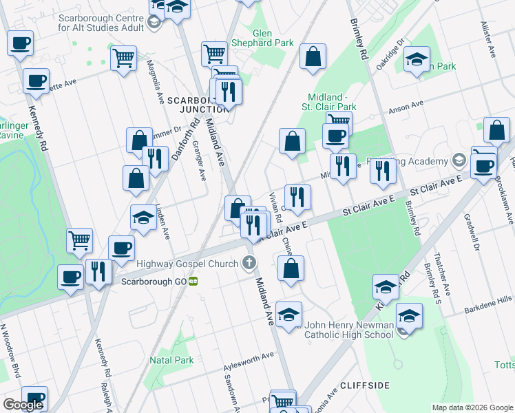 map of restaurants, bars, coffee shops, grocery stores, and more near 21 National Street in Toronto