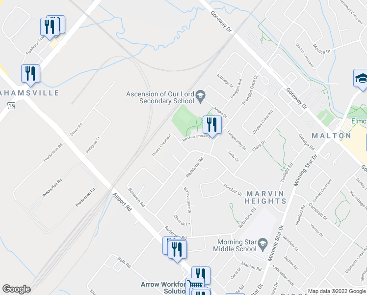 map of restaurants, bars, coffee shops, grocery stores, and more near Priory Crescent in Mississauga