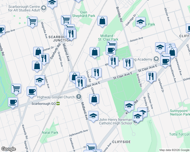 map of restaurants, bars, coffee shops, grocery stores, and more near 74 Olga Street in Toronto