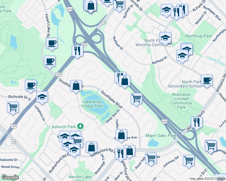 map of restaurants, bars, coffee shops, grocery stores, and more near 60 Seahorse Avenue in Brampton