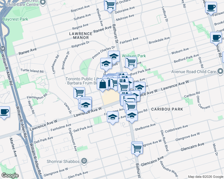 map of restaurants, bars, coffee shops, grocery stores, and more near 516 Lawrence Avenue West in Toronto