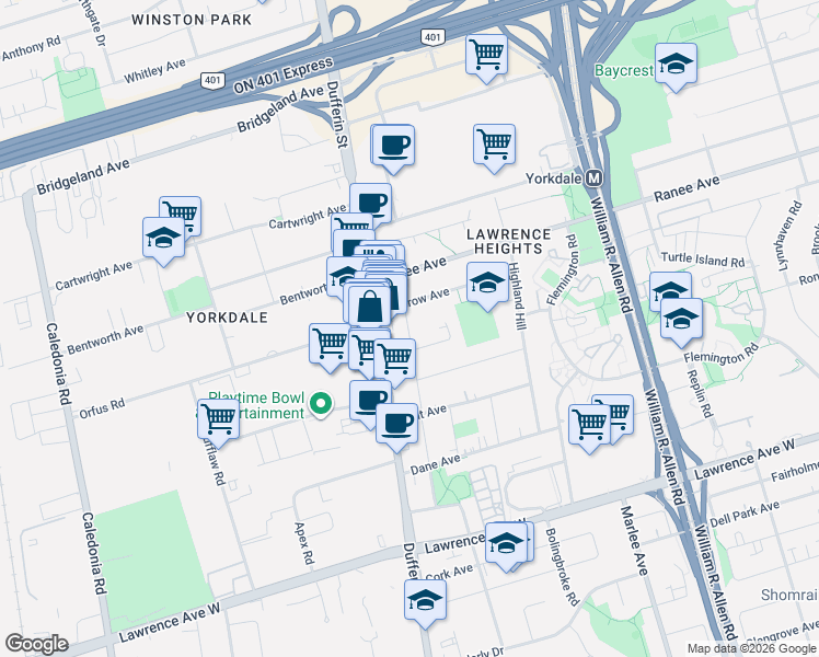 map of restaurants, bars, coffee shops, grocery stores, and more near 87 Mulholland Avenue in Toronto