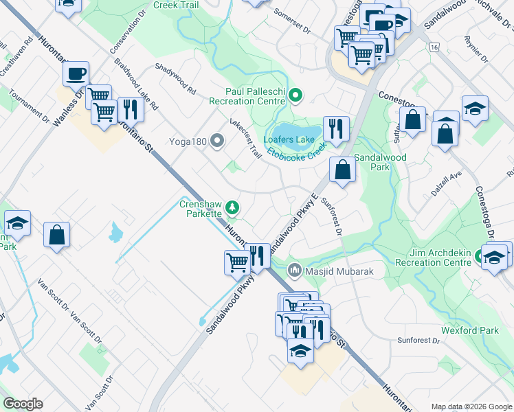 map of restaurants, bars, coffee shops, grocery stores, and more near 12 Crenshaw Court in Brampton