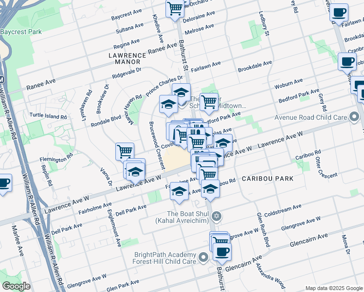 map of restaurants, bars, coffee shops, grocery stores, and more near 516 Lawrence Avenue West in Toronto