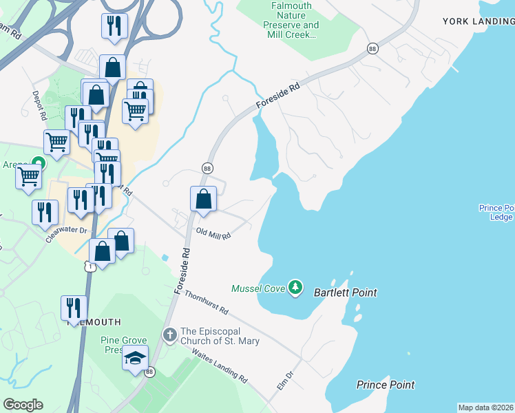 map of restaurants, bars, coffee shops, grocery stores, and more near 38 Old Mill Road in Falmouth
