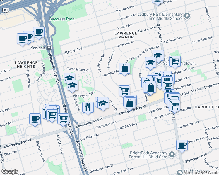 map of restaurants, bars, coffee shops, grocery stores, and more near 33 Lynnhaven Road in Toronto