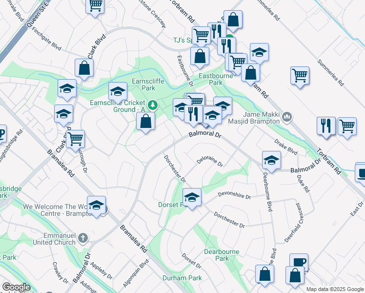 map of restaurants, bars, coffee shops, grocery stores, and more near 20 Dunblaine Crescent in Brampton