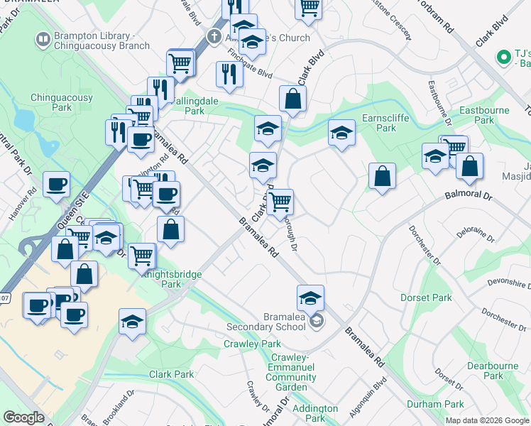 map of restaurants, bars, coffee shops, grocery stores, and more near 10 Eden Park Drive in Brampton