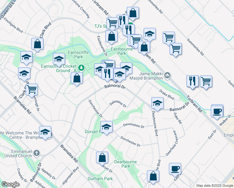 map of restaurants, bars, coffee shops, grocery stores, and more near 39 Dunblaine Crescent in Brampton