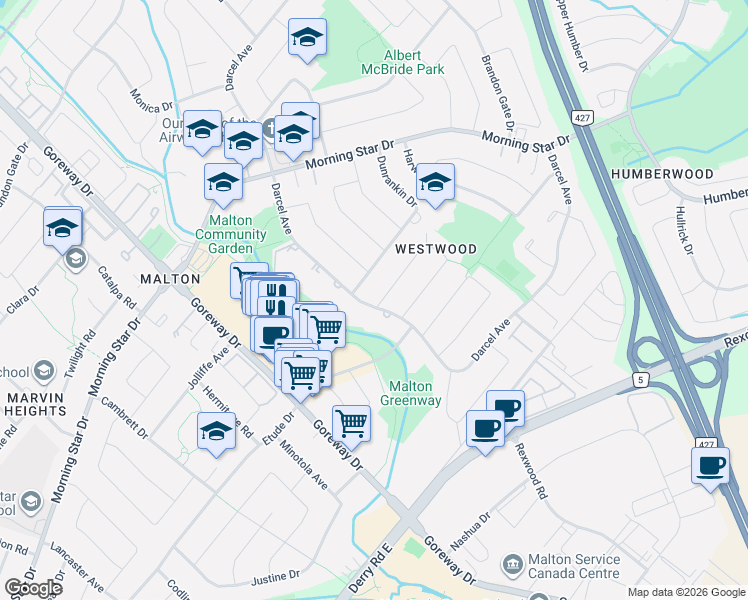 map of restaurants, bars, coffee shops, grocery stores, and more near in Mississauga