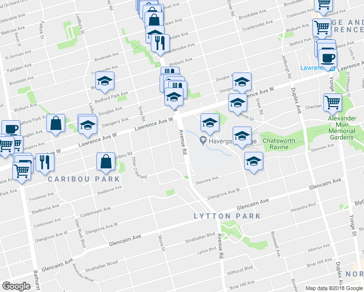 map of restaurants, bars, coffee shops, grocery stores, and more near 1470 Avenue Road in Toronto