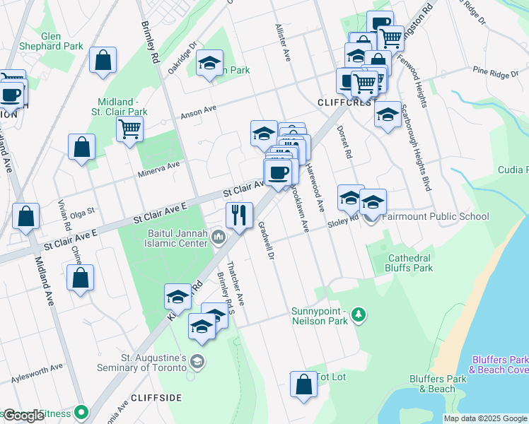 map of restaurants, bars, coffee shops, grocery stores, and more near 2799 Kingston Road in Toronto