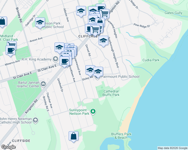 map of restaurants, bars, coffee shops, grocery stores, and more near 50 Dorset Road in Toronto