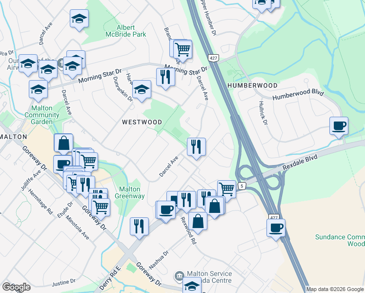 map of restaurants, bars, coffee shops, grocery stores, and more near 6949 Darcel Avenue in Mississauga