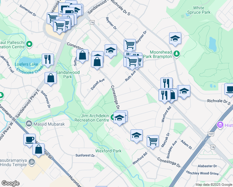 map of restaurants, bars, coffee shops, grocery stores, and more near 2 Ruth Avenue in Brampton