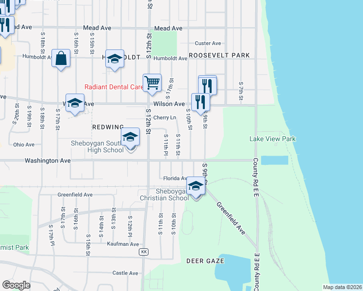 map of restaurants, bars, coffee shops, grocery stores, and more near 3227 South 11th Street in Sheboygan