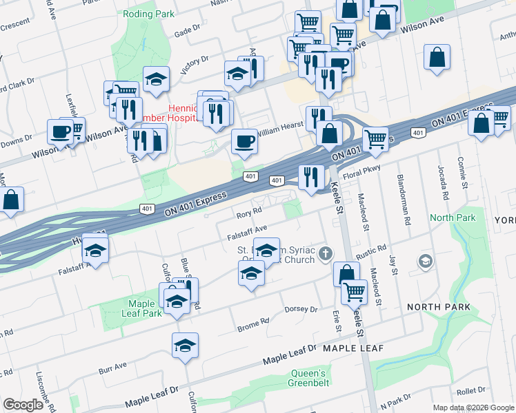 map of restaurants, bars, coffee shops, grocery stores, and more near 104 Rory Road in Toronto