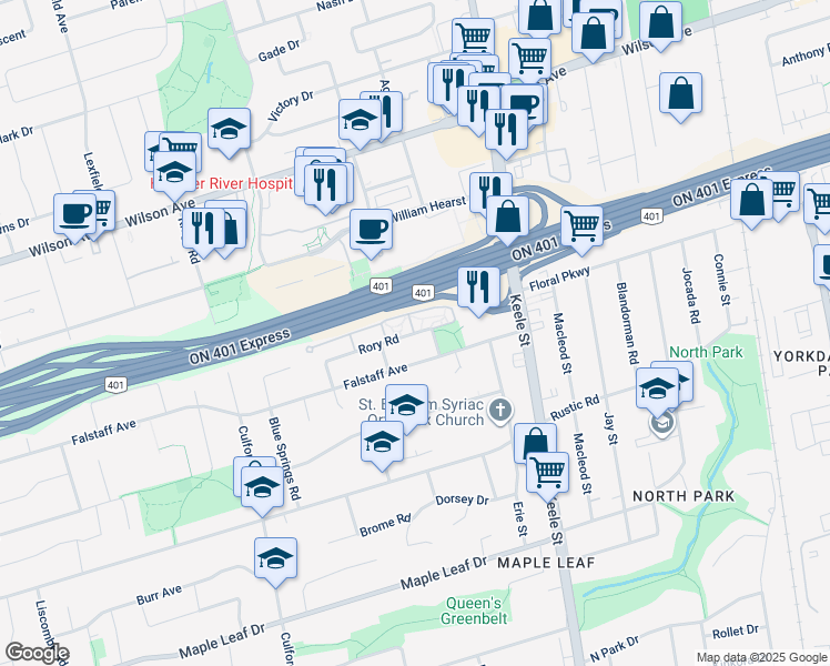 map of restaurants, bars, coffee shops, grocery stores, and more near 104 Rory Road in Toronto