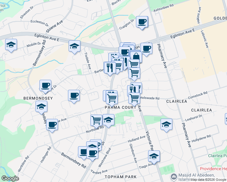 map of restaurants, bars, coffee shops, grocery stores, and more near 1815 O'Connor Drive in Toronto
