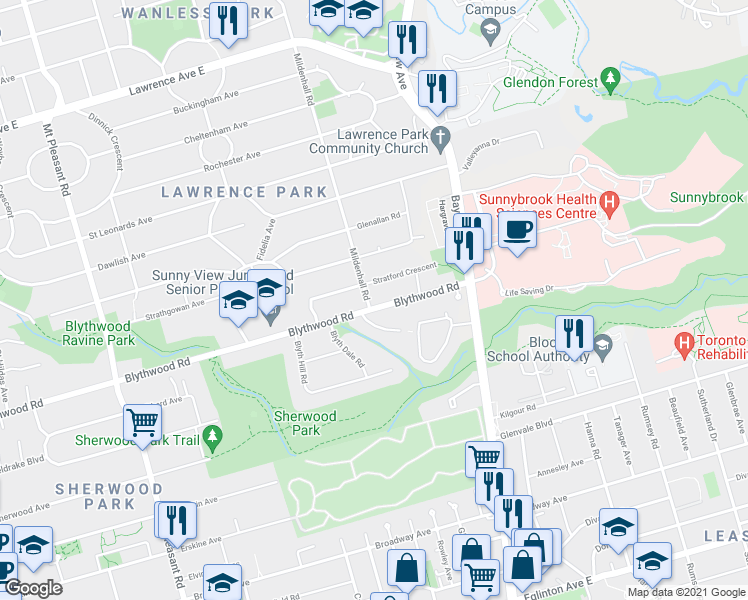 map of restaurants, bars, coffee shops, grocery stores, and more near 528 Blythwood Road in Toronto
