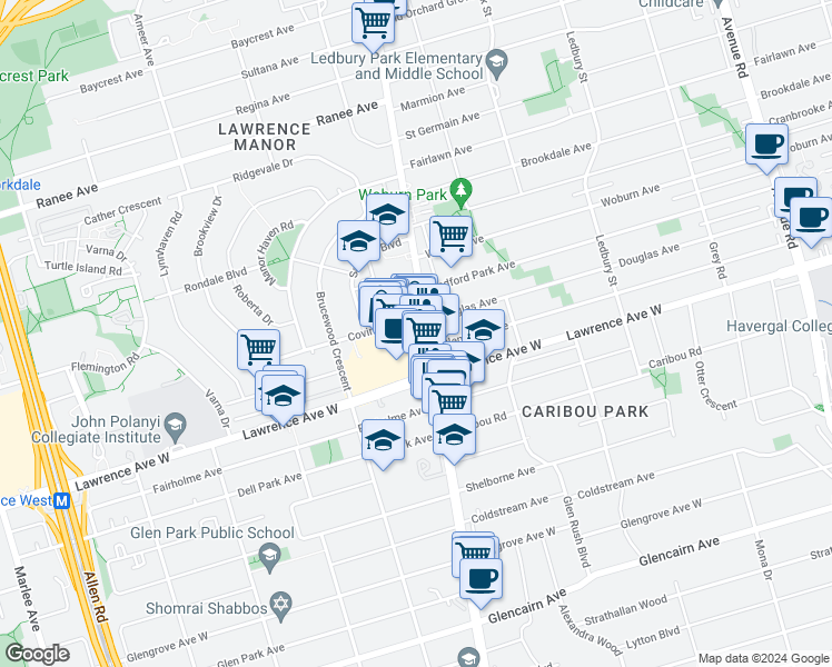 map of restaurants, bars, coffee shops, grocery stores, and more near 492 Lawrence Avenue West in Toronto