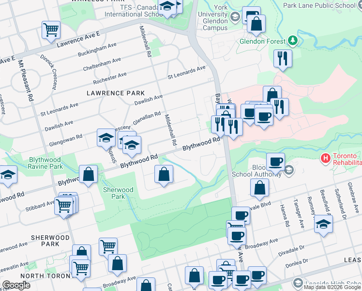 map of restaurants, bars, coffee shops, grocery stores, and more near 528 Blythwood Road in Toronto
