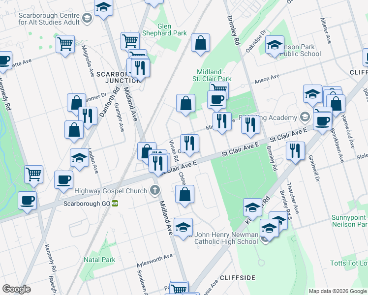 map of restaurants, bars, coffee shops, grocery stores, and more near 68 Olga Street in Toronto