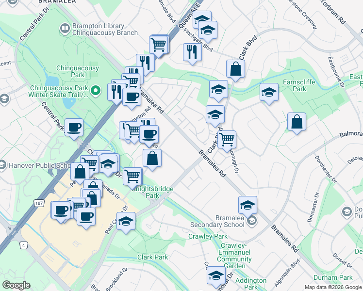 map of restaurants, bars, coffee shops, grocery stores, and more near in Brampton
