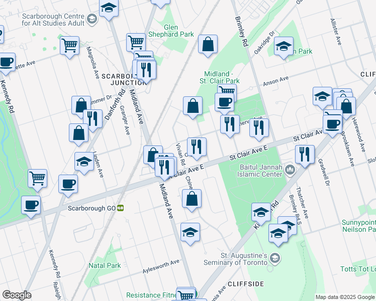 map of restaurants, bars, coffee shops, grocery stores, and more near 64 Olga Street in Toronto