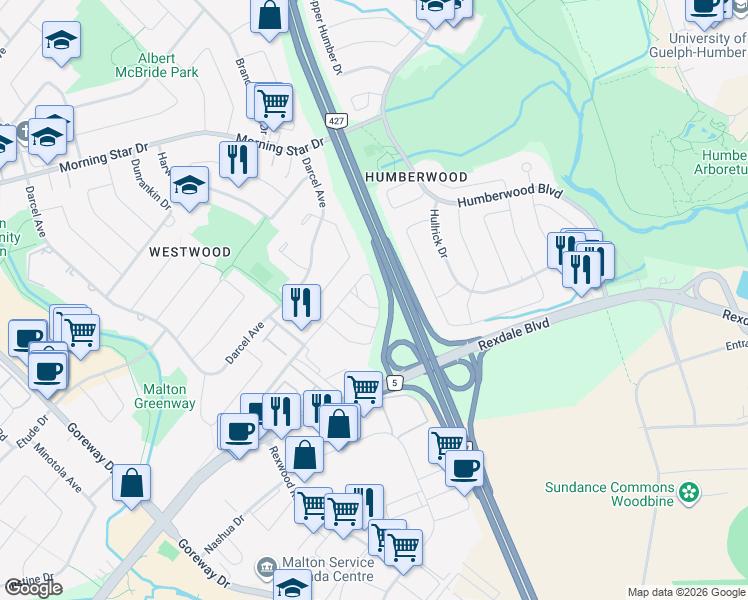 map of restaurants, bars, coffee shops, grocery stores, and more near 7115 Rexwood Road in Mississauga