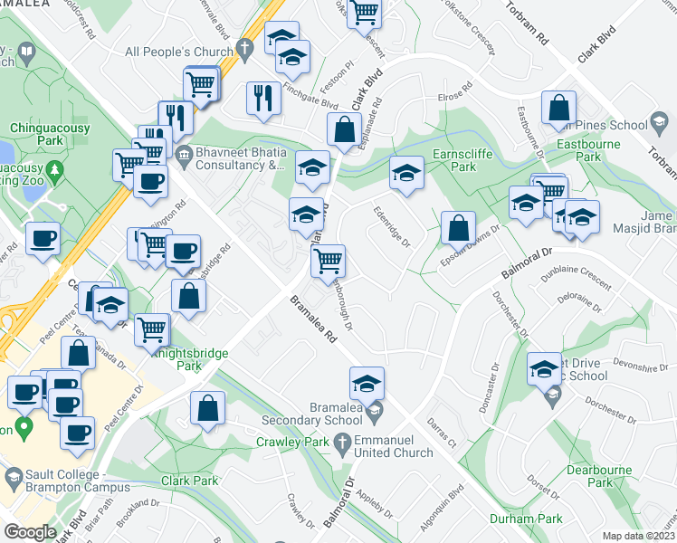 map of restaurants, bars, coffee shops, grocery stores, and more near 49 Edenborough Drive in Brampton