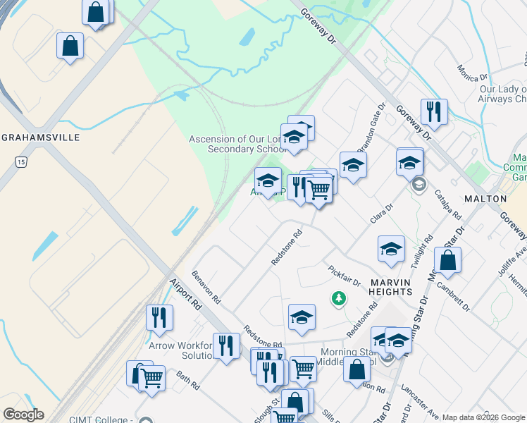 map of restaurants, bars, coffee shops, grocery stores, and more near 7650 Priory Crescent in Mississauga