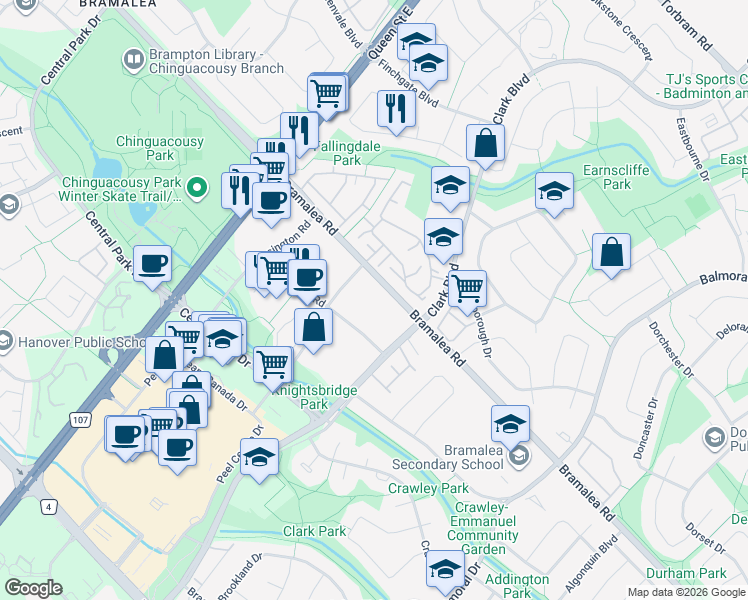 map of restaurants, bars, coffee shops, grocery stores, and more near in Brampton