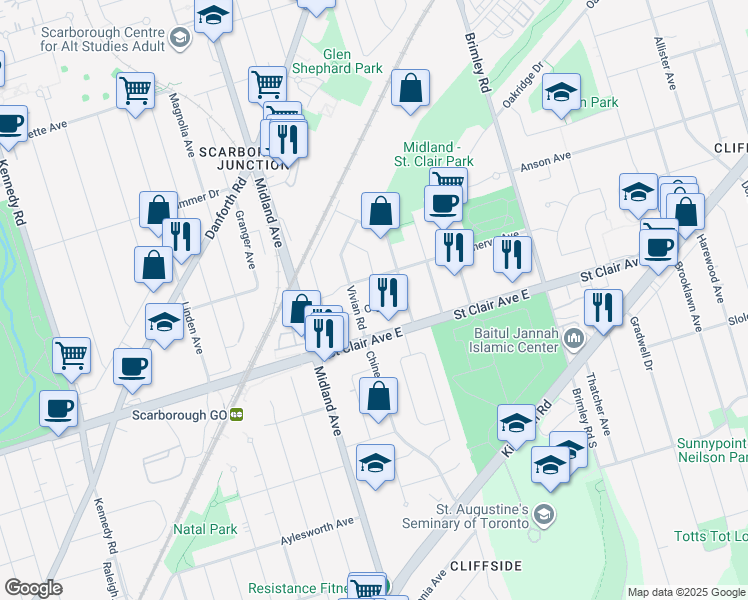 map of restaurants, bars, coffee shops, grocery stores, and more near 66 Olga Street in Toronto
