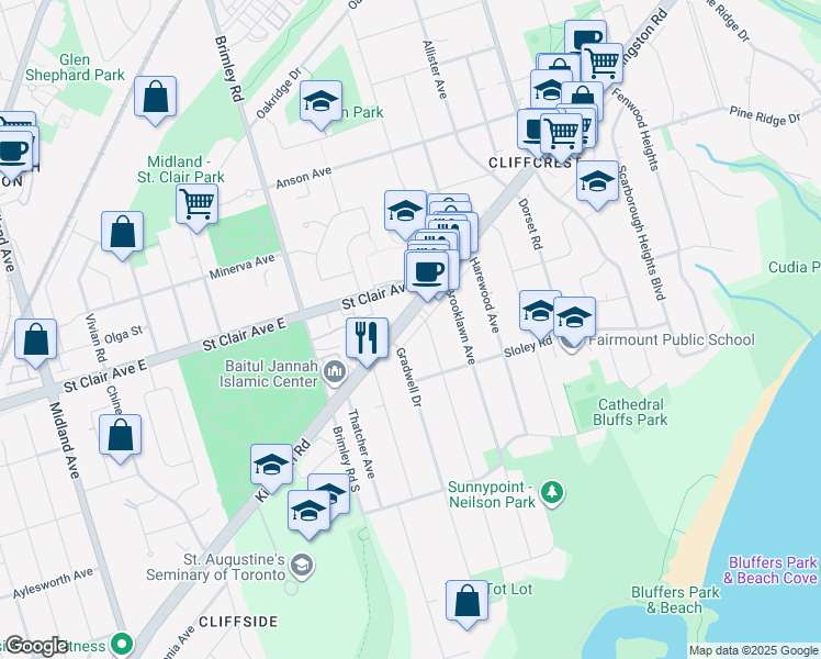 map of restaurants, bars, coffee shops, grocery stores, and more near in Toronto