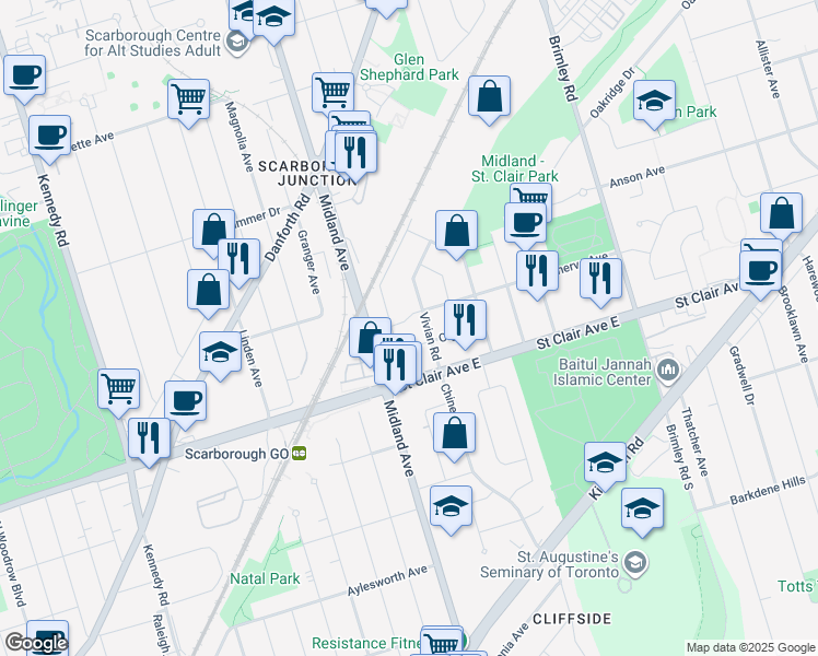 map of restaurants, bars, coffee shops, grocery stores, and more near 35 Minerva Avenue in Toronto
