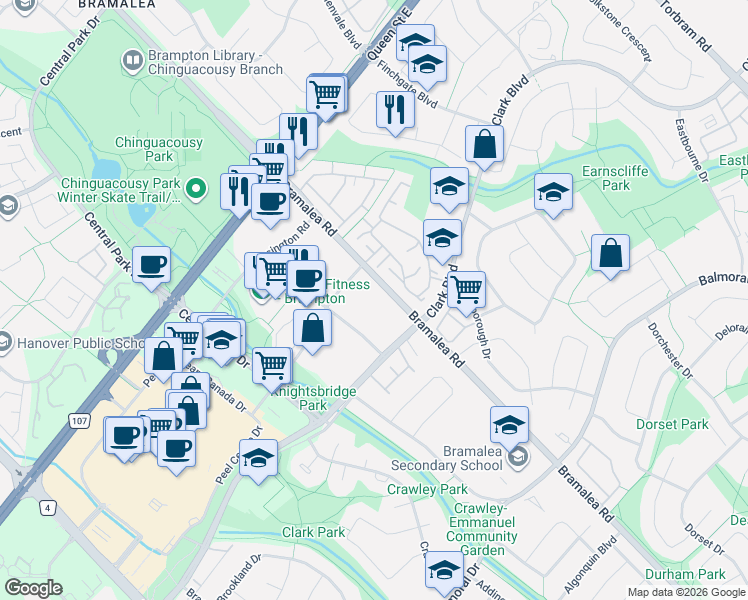 map of restaurants, bars, coffee shops, grocery stores, and more near 21 Knightsbridge Road in Brampton