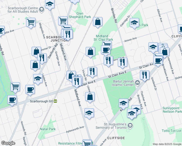 map of restaurants, bars, coffee shops, grocery stores, and more near 72 Olga Street in Toronto
